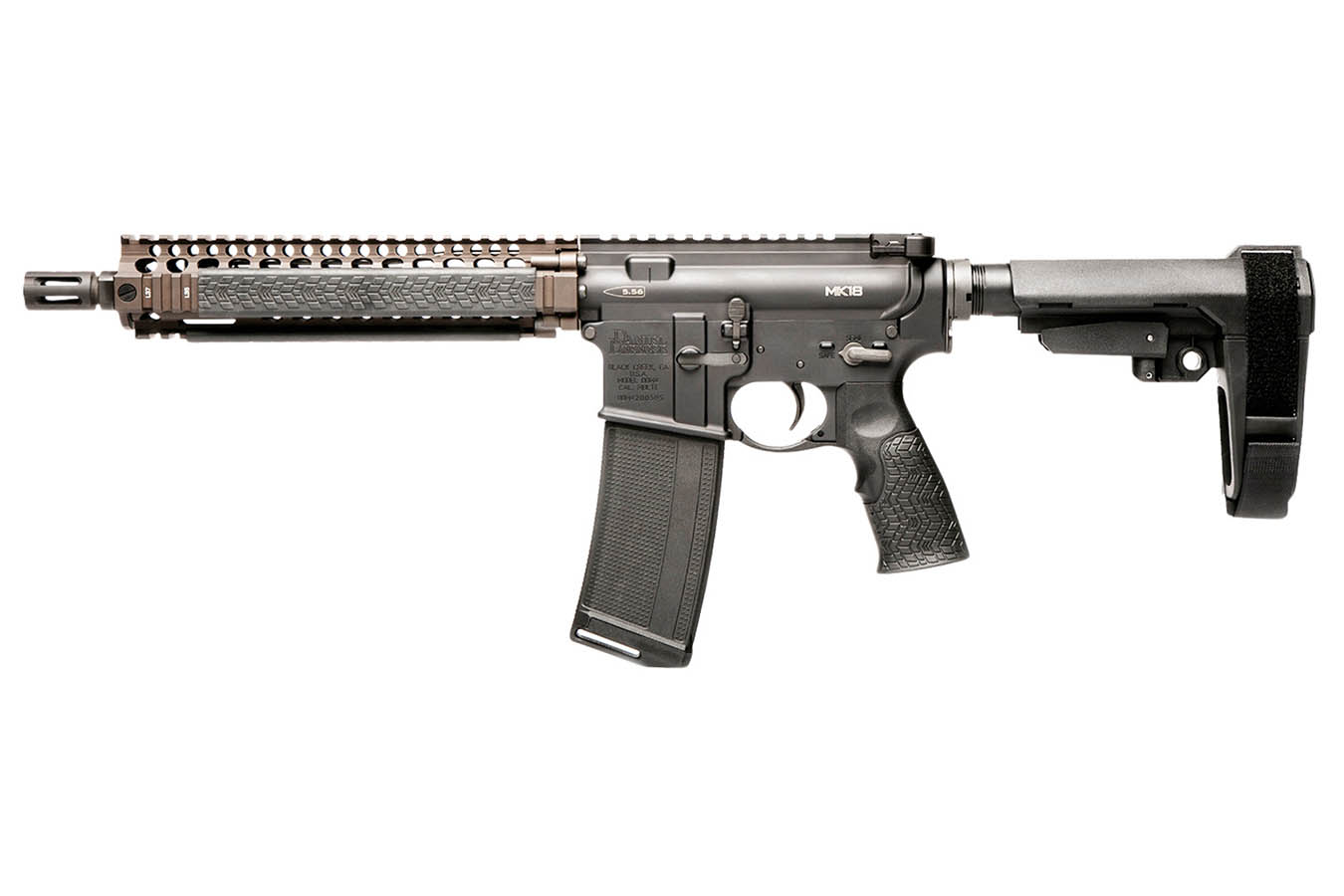 DANIEL DEFENSE MK18 5.56 NATO Pistol with Stabilizing Brace and FDE Rail