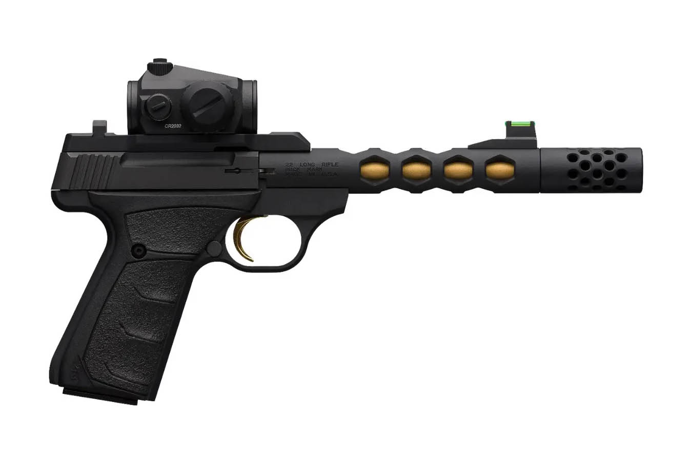 BROWNING FIREARMS Buck Mark Vision 22 LR Pistol with Black/Gold Barrel and Vortex Crossfire Red Dot