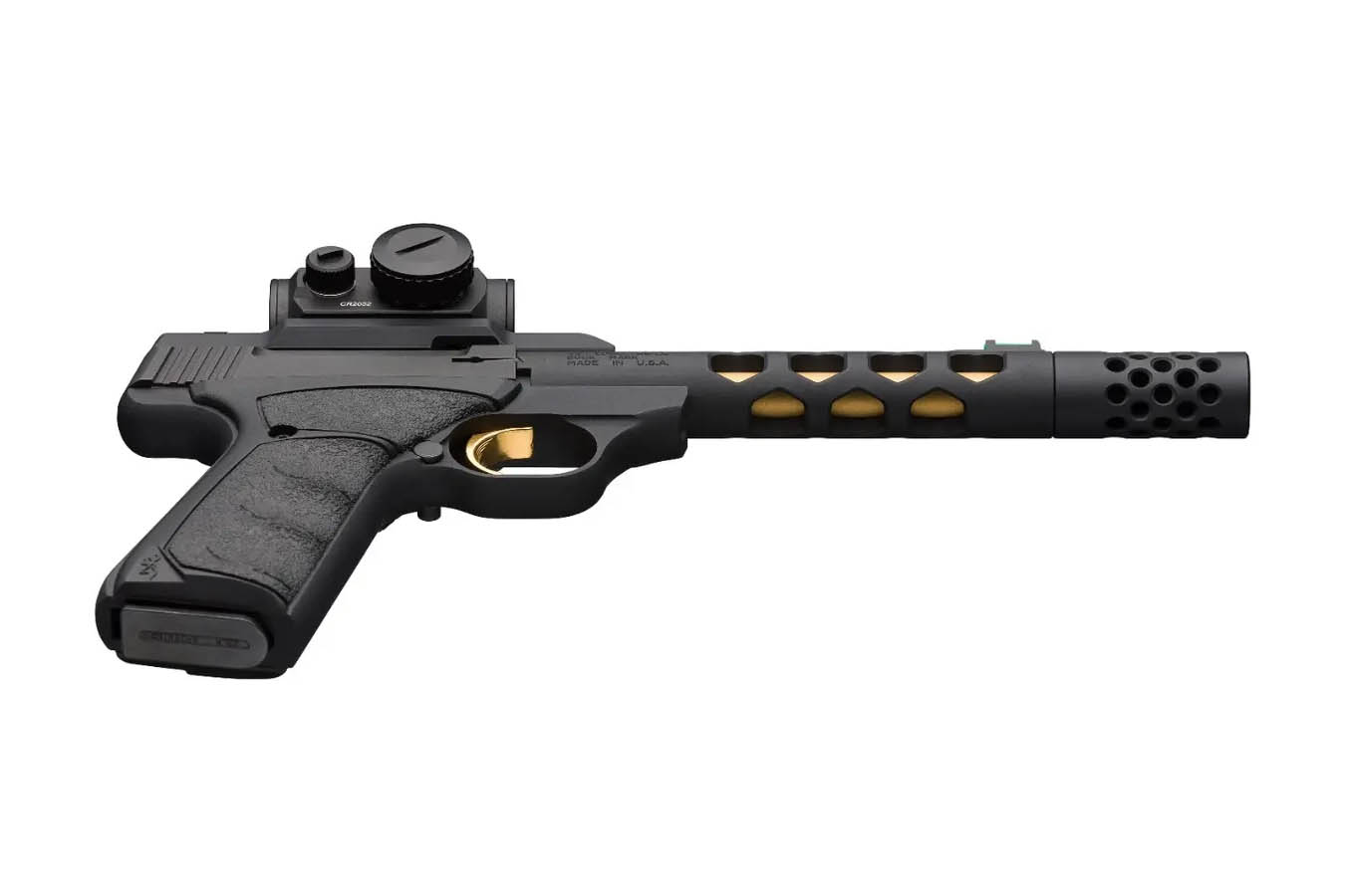 BROWNING FIREARMS Buck Mark Vision 22 LR Pistol with Black/Gold Barrel and Vortex Crossfire Red Dot