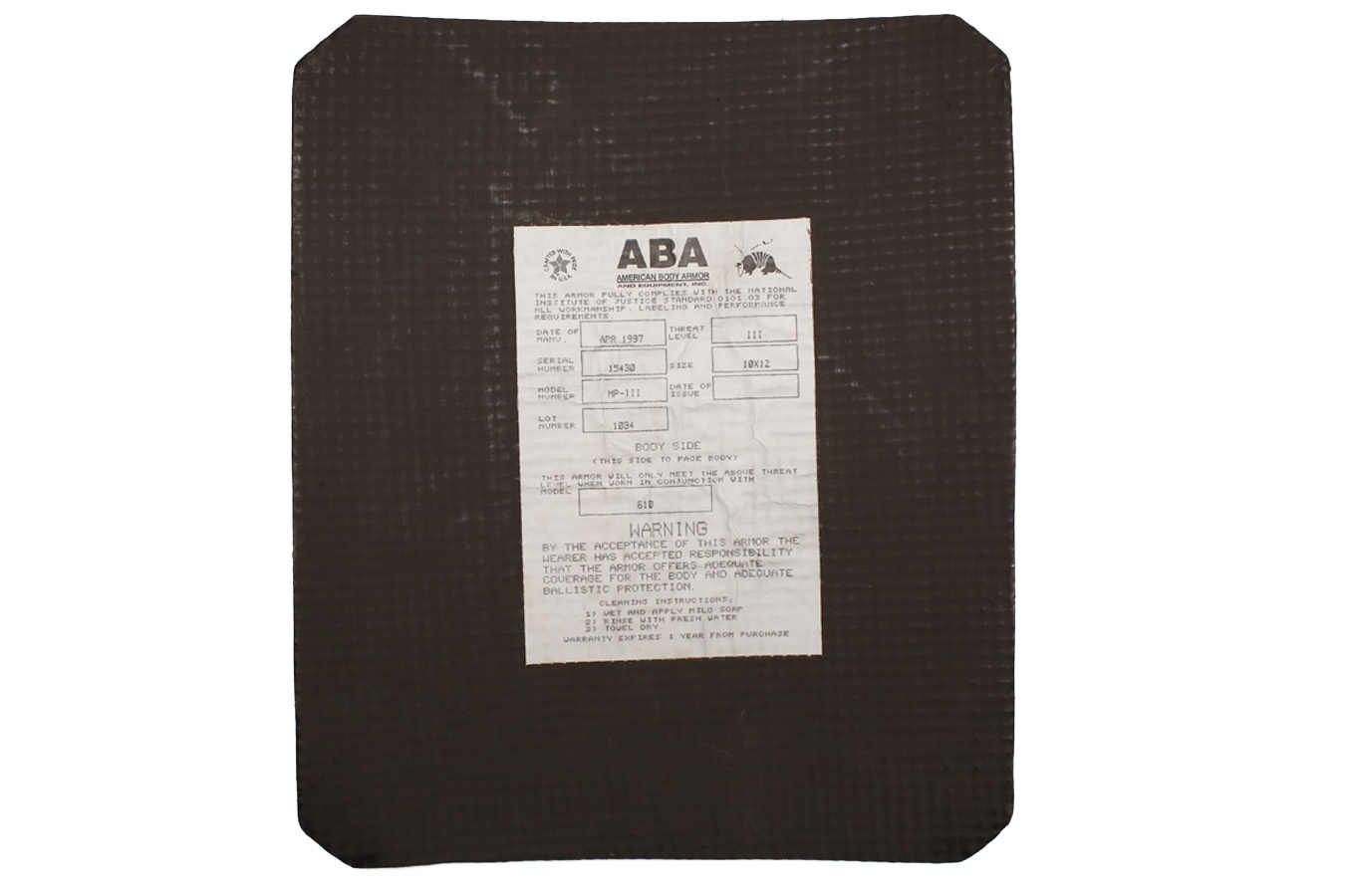 ABA BODY ARMOR Body Armor Hard Armor Plate Police Trade