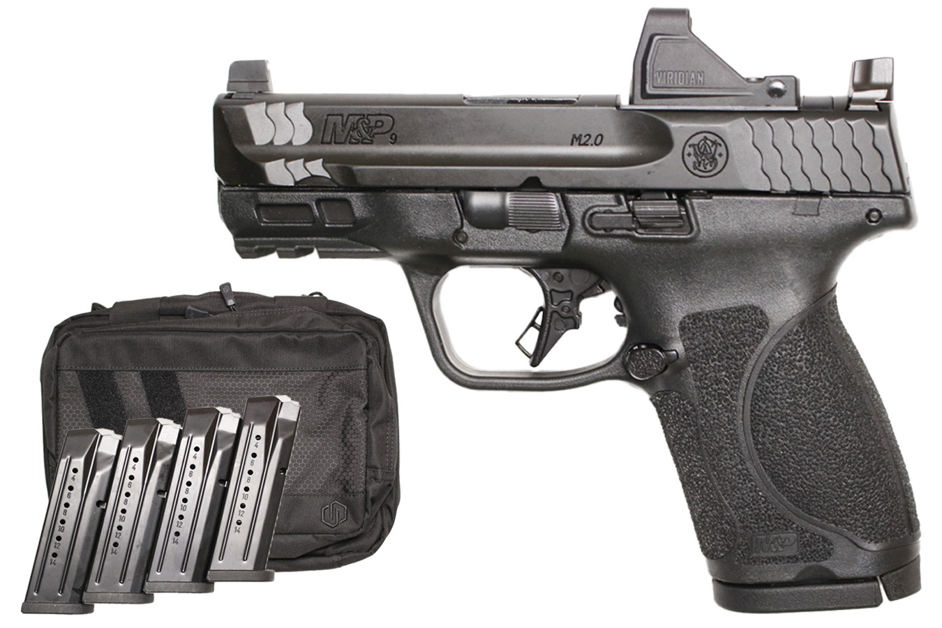 SMITH AND WESSON M&P9 M2.0 Compact Optic Ready 9mm Package with Viridian RFX-11 Green Dot, Five Mags and Savior Bag