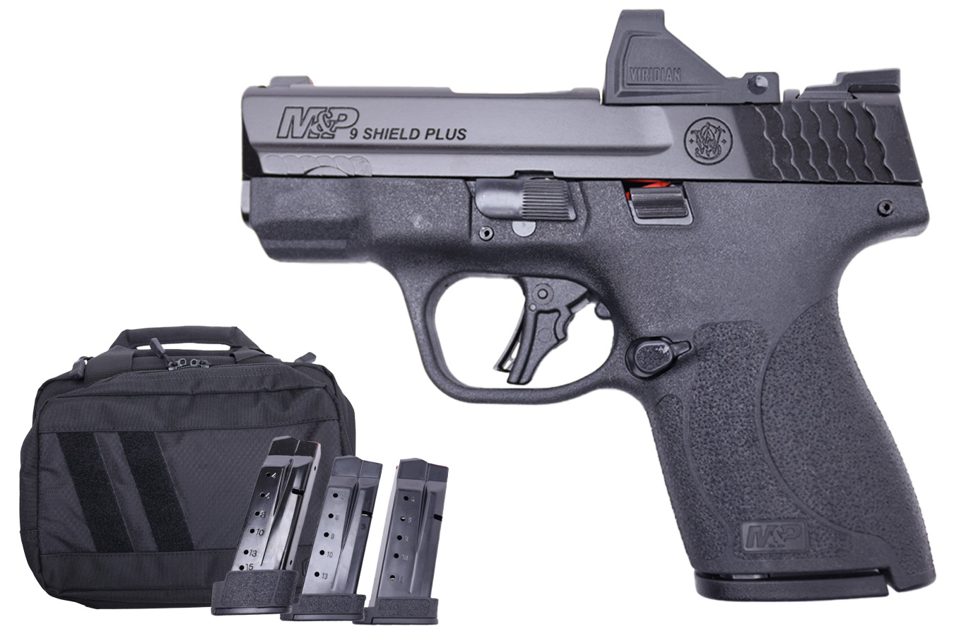 SMITH AND WESSON MP9 Shield Plus 9mm Optic Ready Bundle with Viridian RFX-11 Green Dot, 4 Mags and Savior Bag