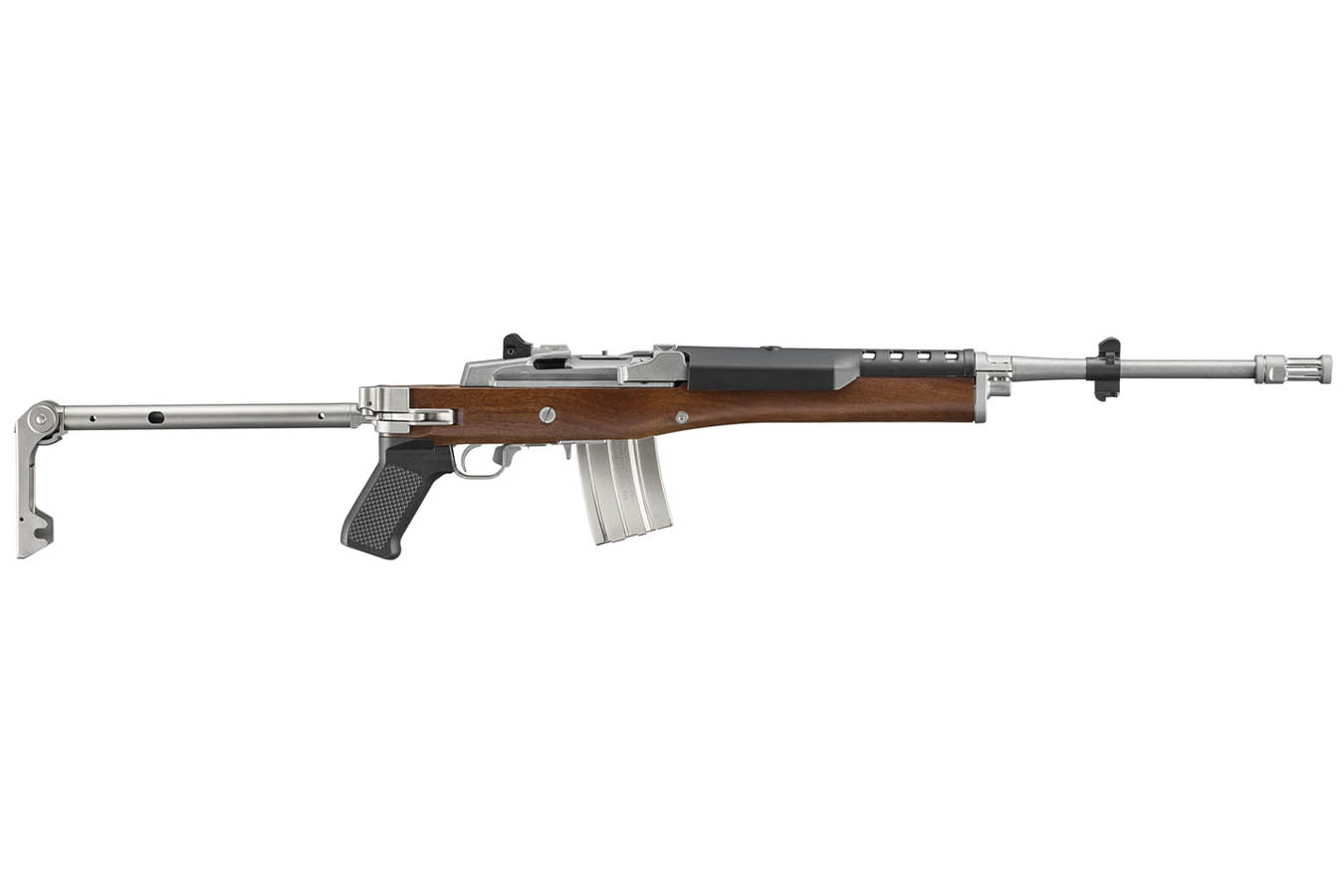 RUGER Mini-14 Tactical 5.56mm Semi-Auto Rifle with Walnut Stock, Stainless Finish and Retro Folding Stock