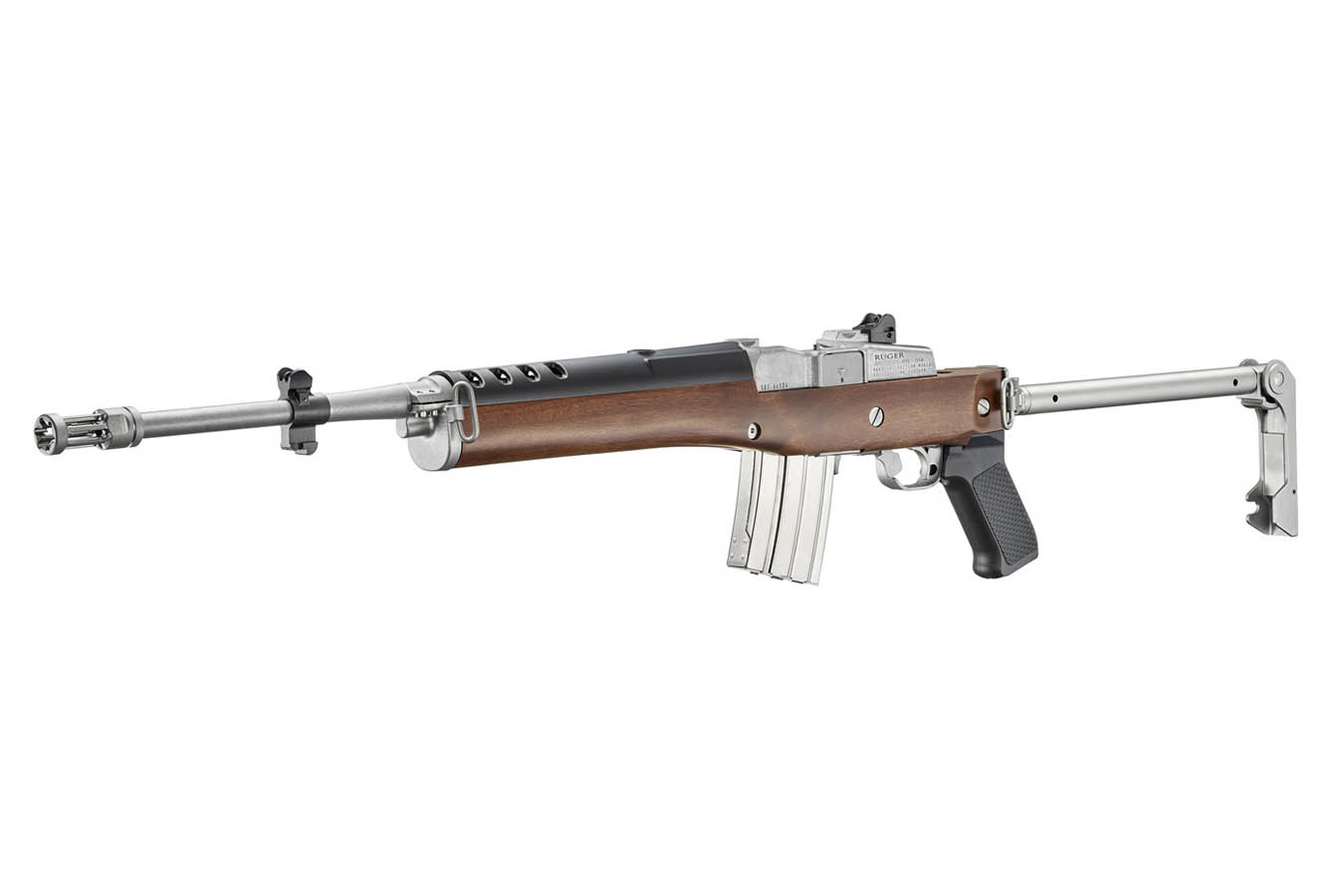 RUGER Mini-14 Tactical 5.56mm Semi-Auto Rifle with Walnut Stock, Stainless Finish and Retro Folding Stock