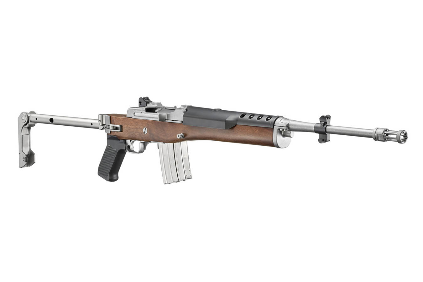 RUGER Mini-14 Tactical 5.56mm Semi-Auto Rifle with Walnut Stock, Stainless Finish and Retro Folding Stock