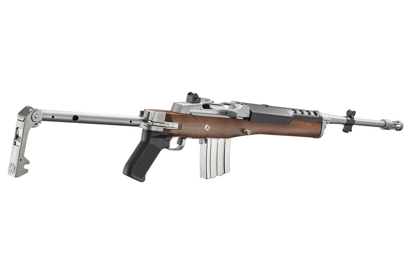RUGER Mini-14 Tactical 5.56mm Semi-Auto Rifle with Walnut Stock, Stainless Finish and Retro Folding Stock