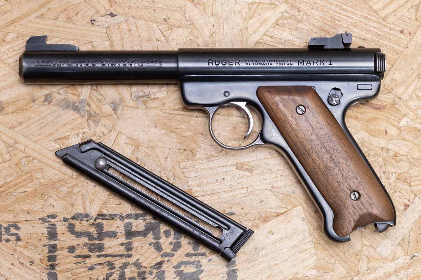 RUGER Mark I 22LR Police Trade-In Pistol with Wood Grips and Target Barrel