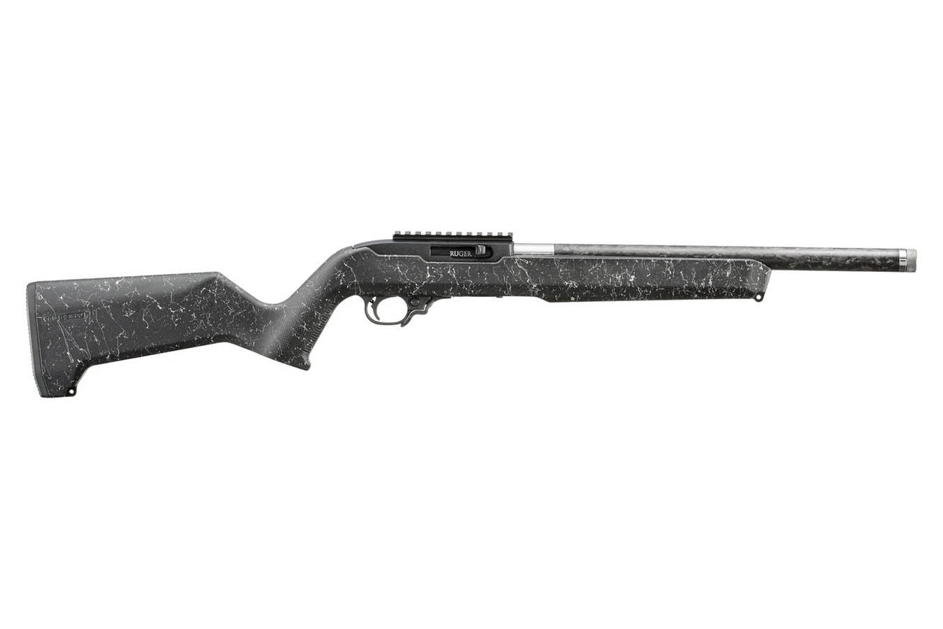 RUGER 10/22 22LR Semi-Auto Rifle with Carbon Fiber Threaded Barrel and White/Black Speckle Magpul MOE X-22 Stock
