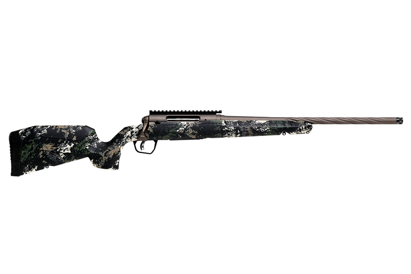 SAVAGE Axis 2 Pro 223 Rem Bolt-Action Rifle with Forest SP Camo Stock and Gun Metal Bronze Spiral Fluted/Threaded Barrel