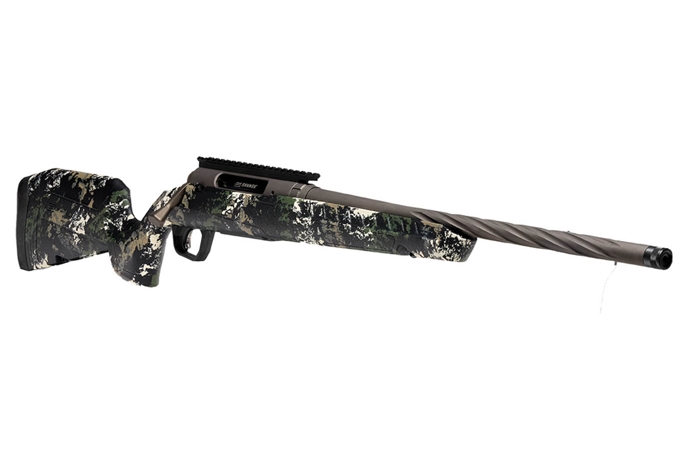 SAVAGE Axis 2 Pro 223 Rem Bolt-Action Rifle with Forest SP Camo Stock and Gun Metal Bronze Spiral Fluted/Threaded Barrel