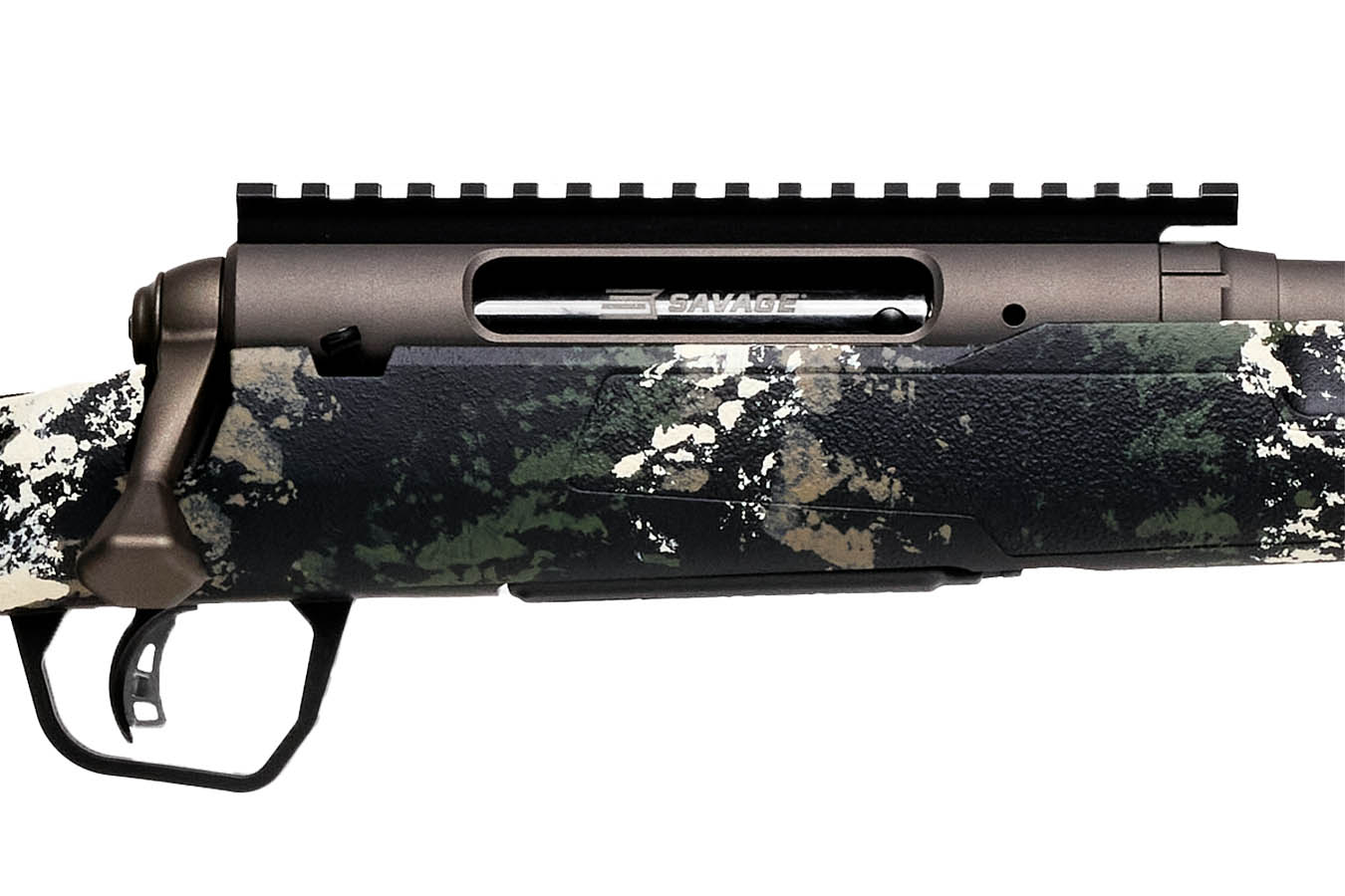 SAVAGE Axis 2 Pro 223 Rem Bolt-Action Rifle with Forest SP Camo Stock and Gun Metal Bronze Spiral Fluted/Threaded Barrel