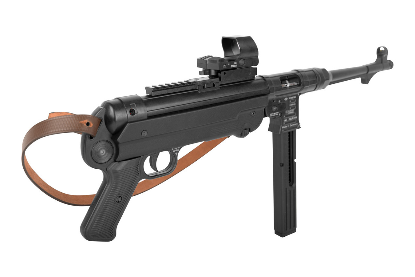 BLUE LINE SOLUTIONS MP40 P 22LR Pistol with Red Dot Leather Sling and 23-Round Magazine