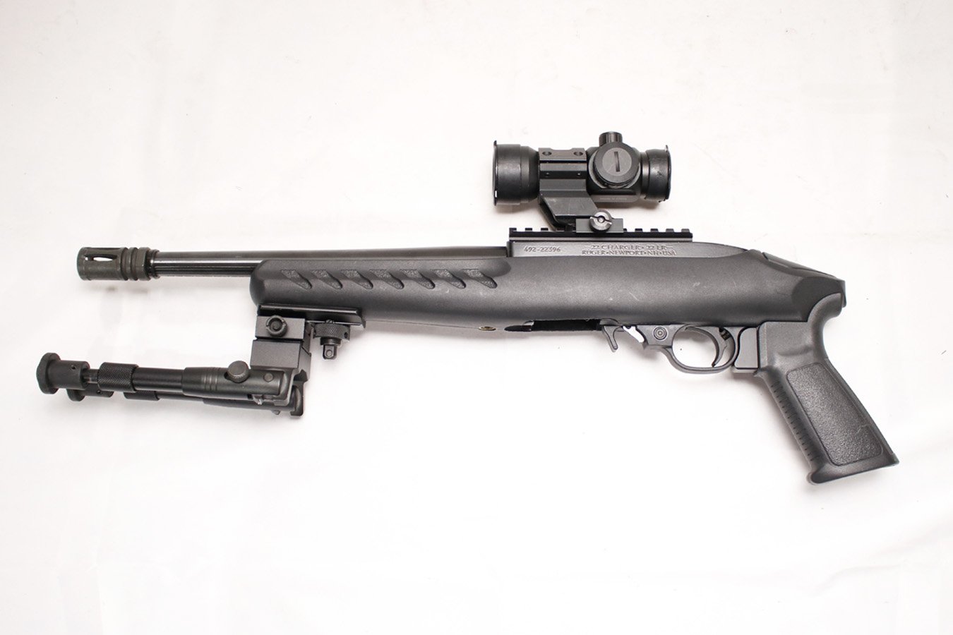 RUGER Charger 22LR Police Trade-in Pistol with Muzzle Brake, Bi-Pod and Red Dot Optic (Magazine Not Included)