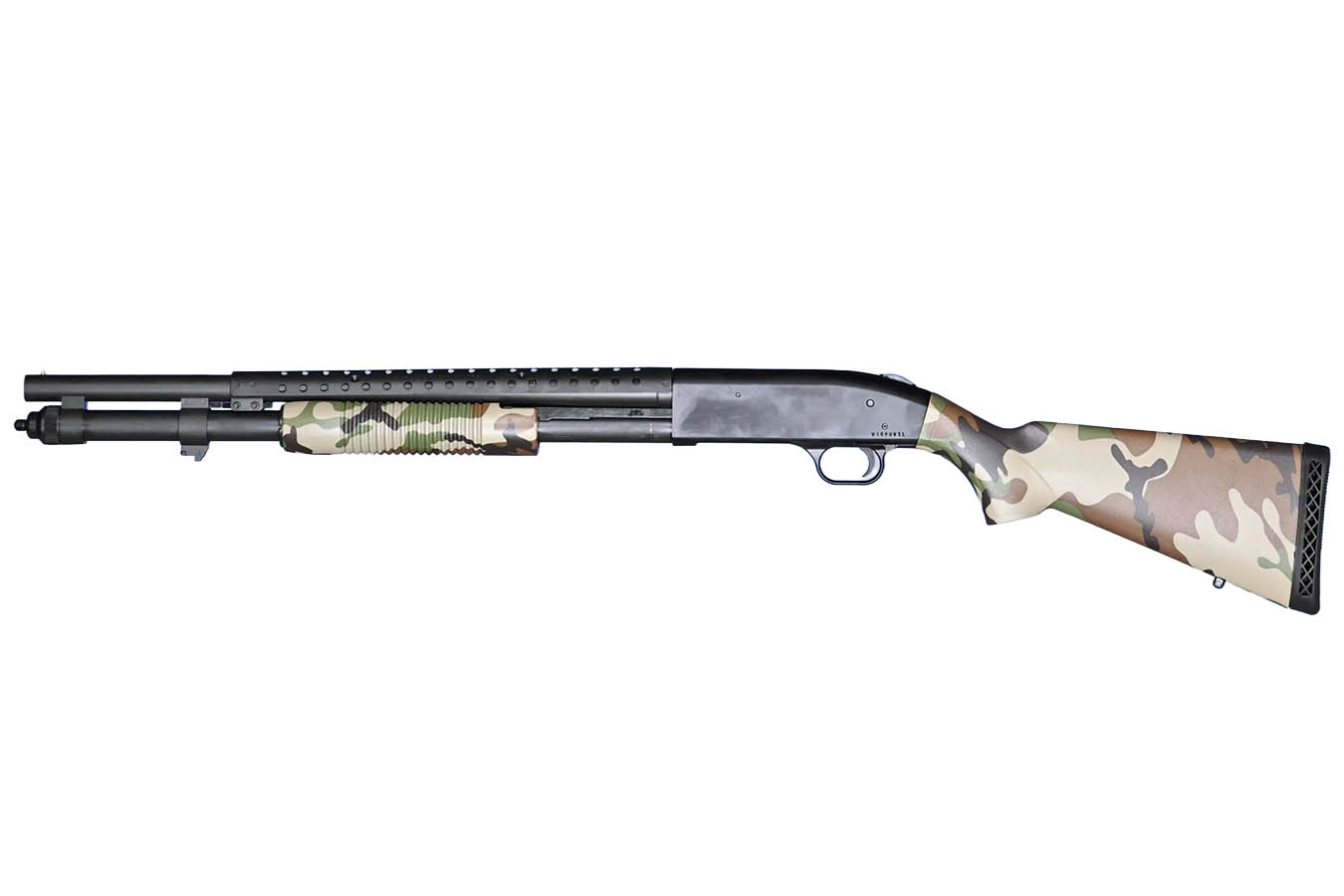 MOSSBERG M590 12-Gauge Pump-Action Shotgun with Heat Shield and Woodland Camo Stock