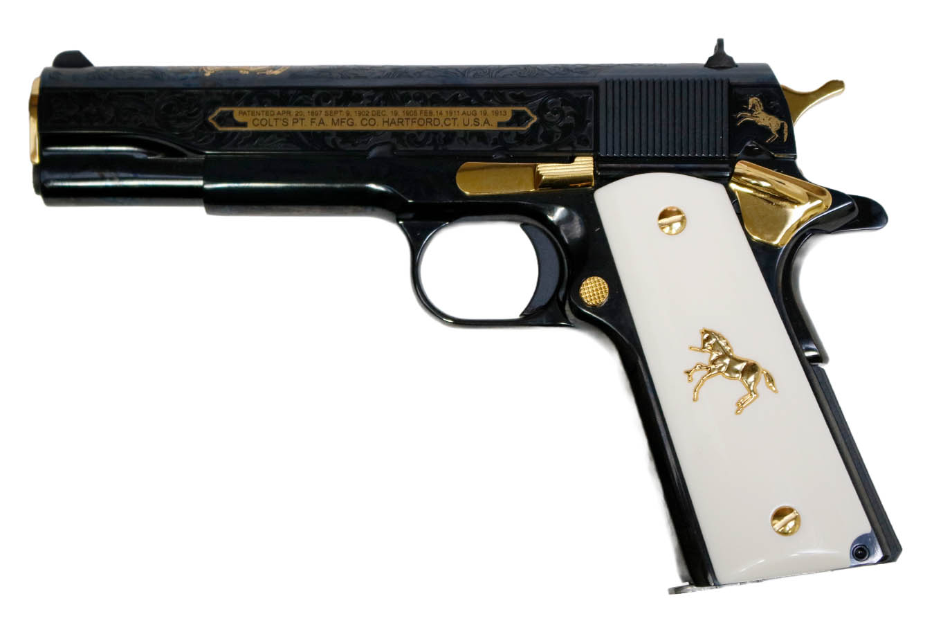 COLT 1911 Govt Classic Engraved 38 Super Semi-Auto Pistol with Gold Plated Outline