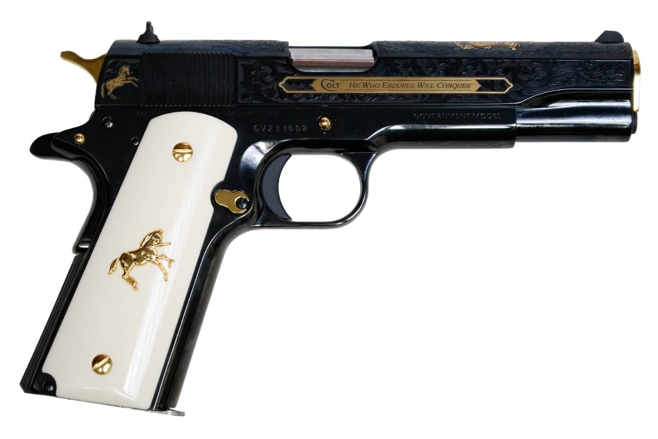 COLT 1911 Govt Classic Engraved 38 Super Semi-Auto Pistol with Gold Plated Outline