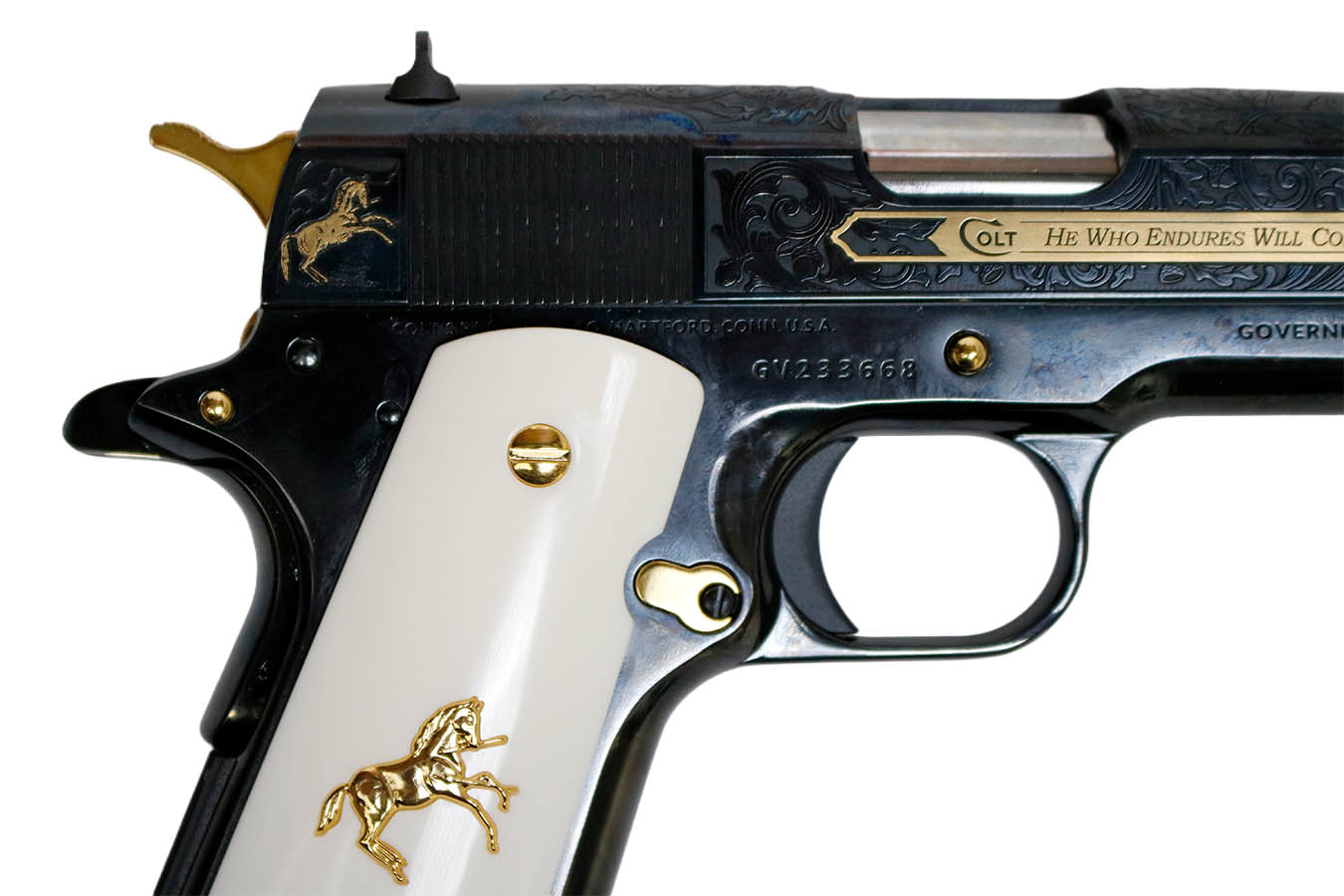 COLT 1911 Govt Classic Engraved 38 Super Semi-Auto Pistol with Gold Plated Outline