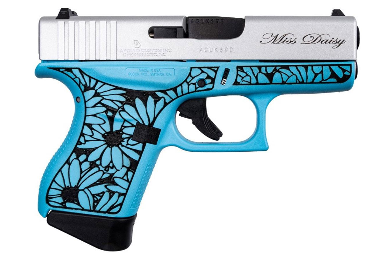 GLOCK 43 Miss Daisy 9mm Semi-Auto Pistol with Raspberry Blue Engraved Frame and Cerako