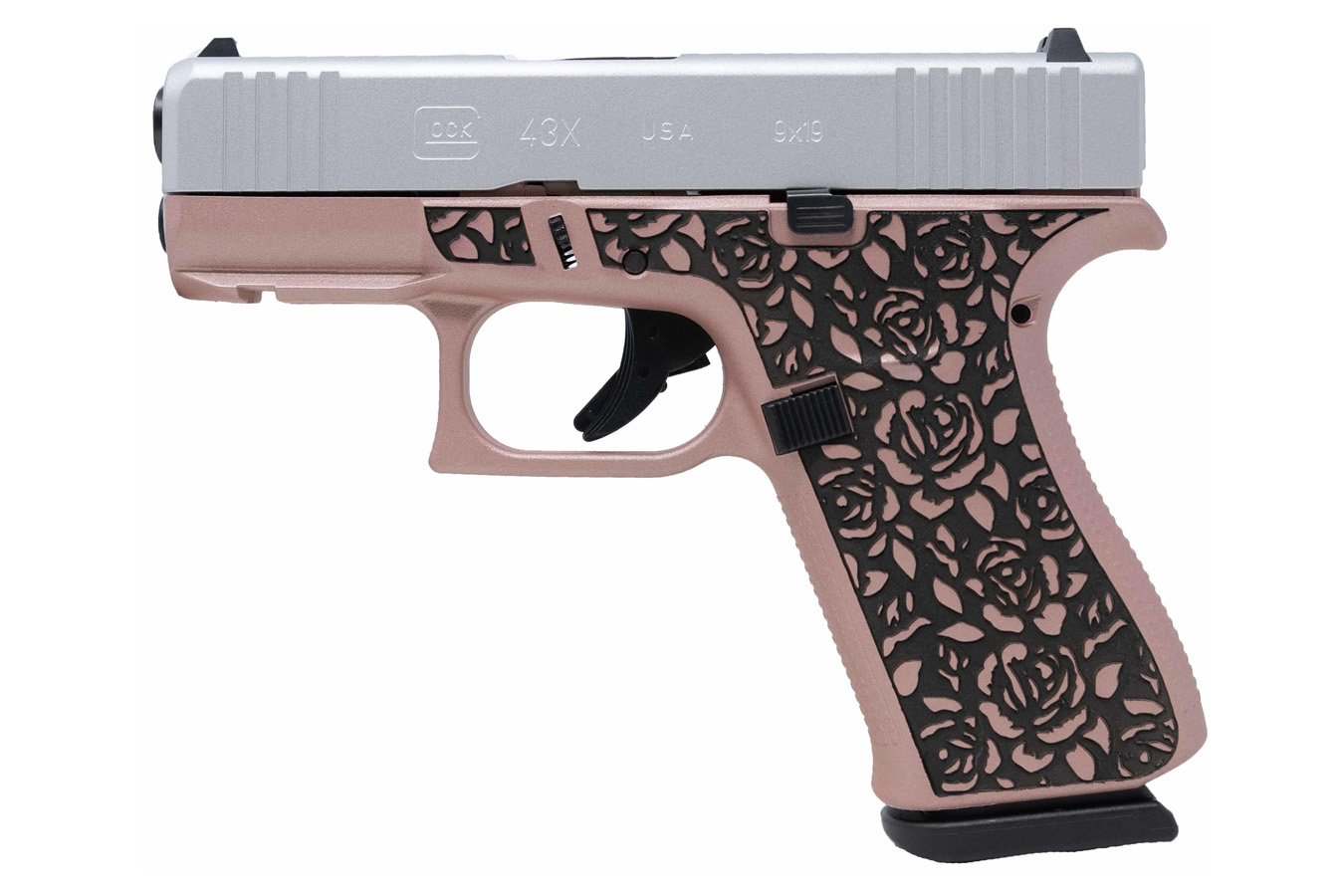 GLOCK 43X 9mm Pistol with Rose Gold Engraved Frame and Shimmering Aluminum Slide