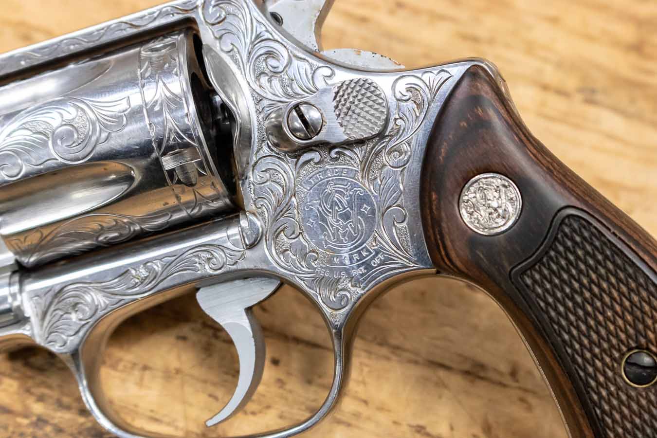 SMITH AND WESSON Model 60 Stainless 38 Special Used Police Trade-in Revolver with Engraving and Wood Grips