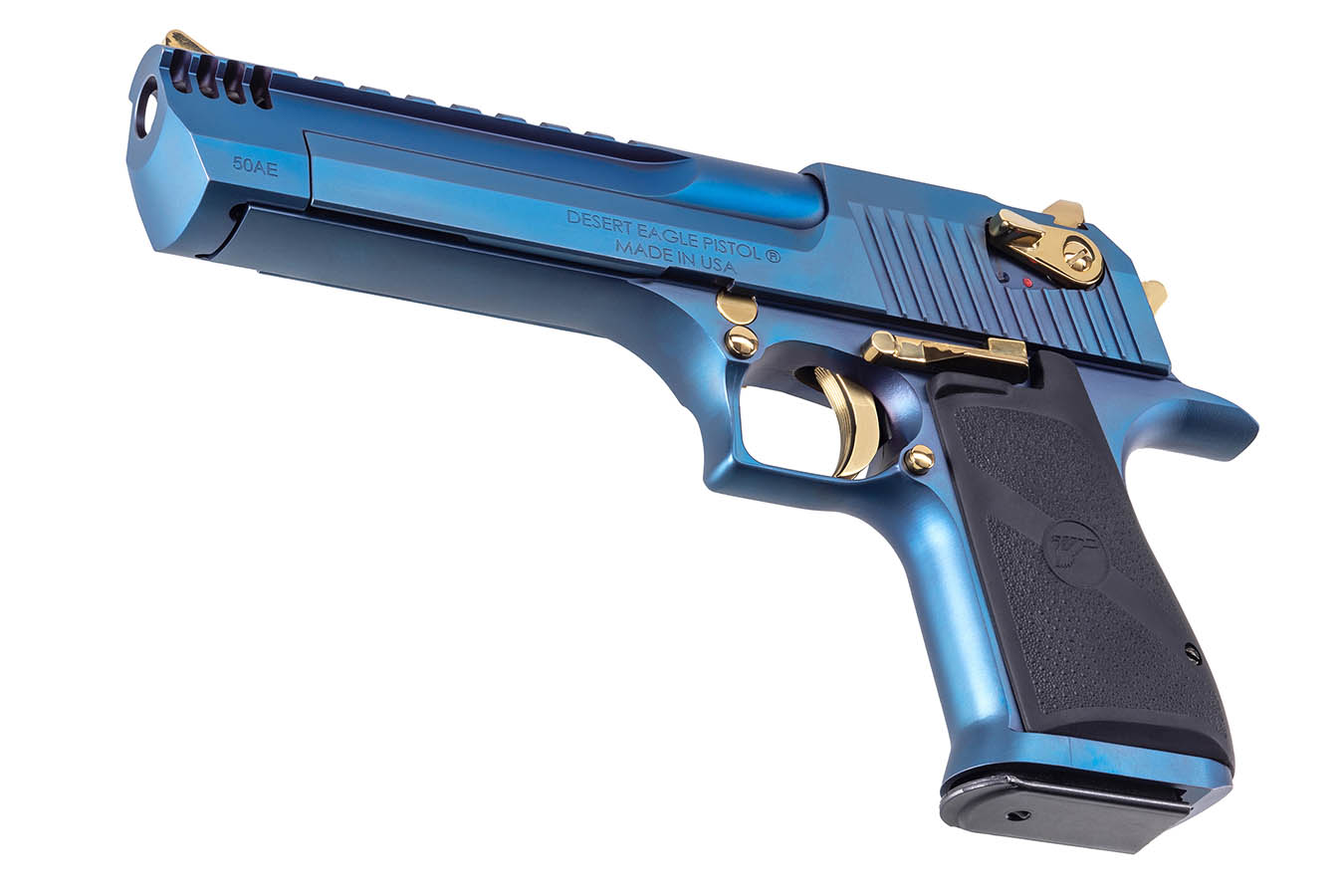 MAGNUM RESEARCH Desert Eagle L6 50 AE Semi-Auto Pistol with Carbon Blue PVD Finish and Gold Controls
