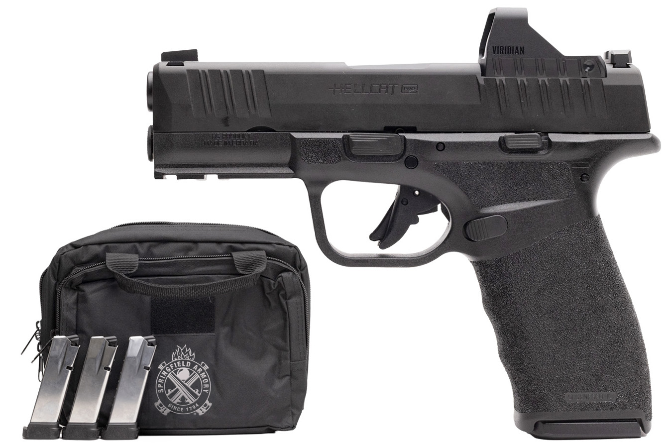 SPRINGFIELD Hellcat Pro 9mm Pistol with Viridian RFX-11 Green Dot, Four Mags and Pistol Bag