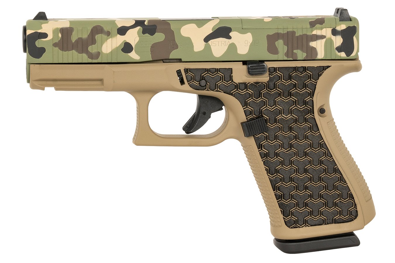 GLOCK 19 Gen5 Compact 9mm Pistol with Hunter Camo Slide and Coyote Tan Frame