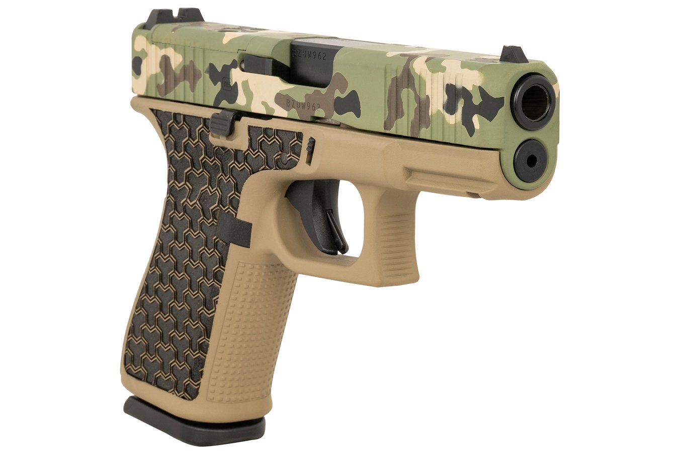 GLOCK 19 Gen5 Compact 9mm Pistol with Hunter Camo Slide and Coyote Tan Frame