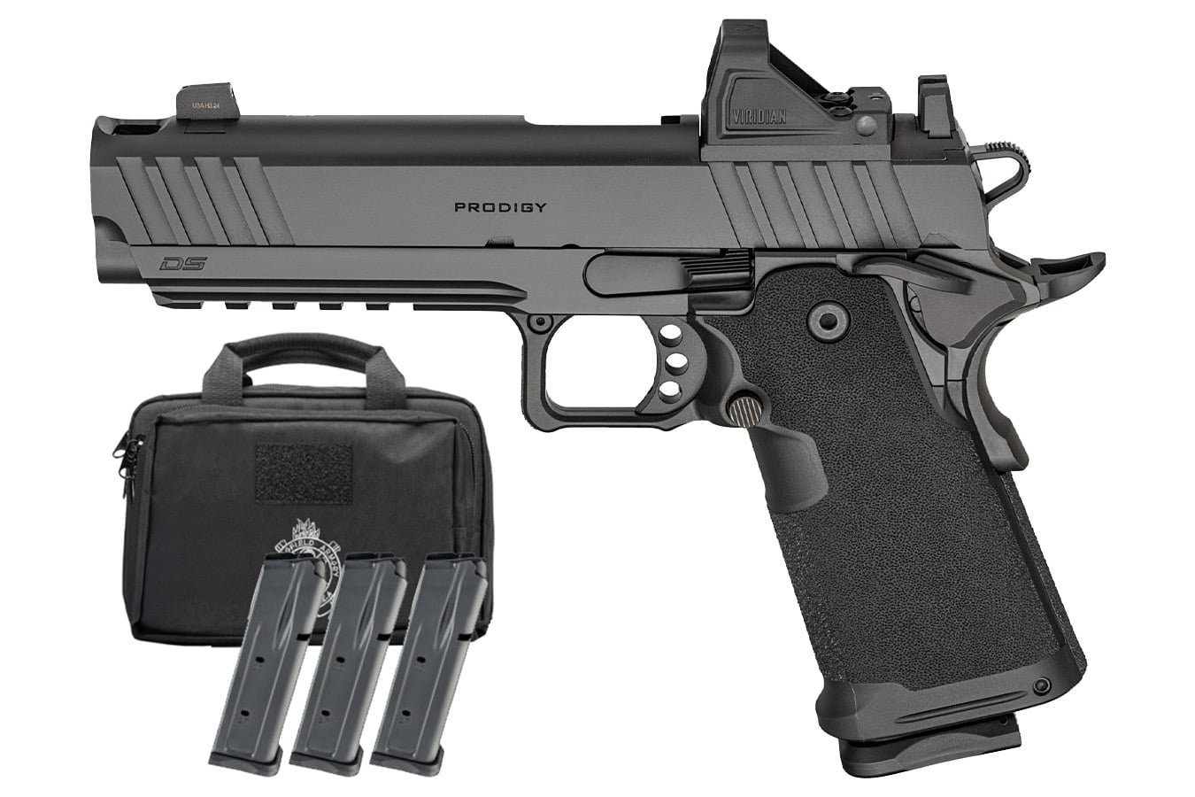 SPRINGFIELD 1911 DS Prodigy Comp 9mm Pistol with Viridian RFX-11 Green Dot, 4 Mags and Pistol Bag