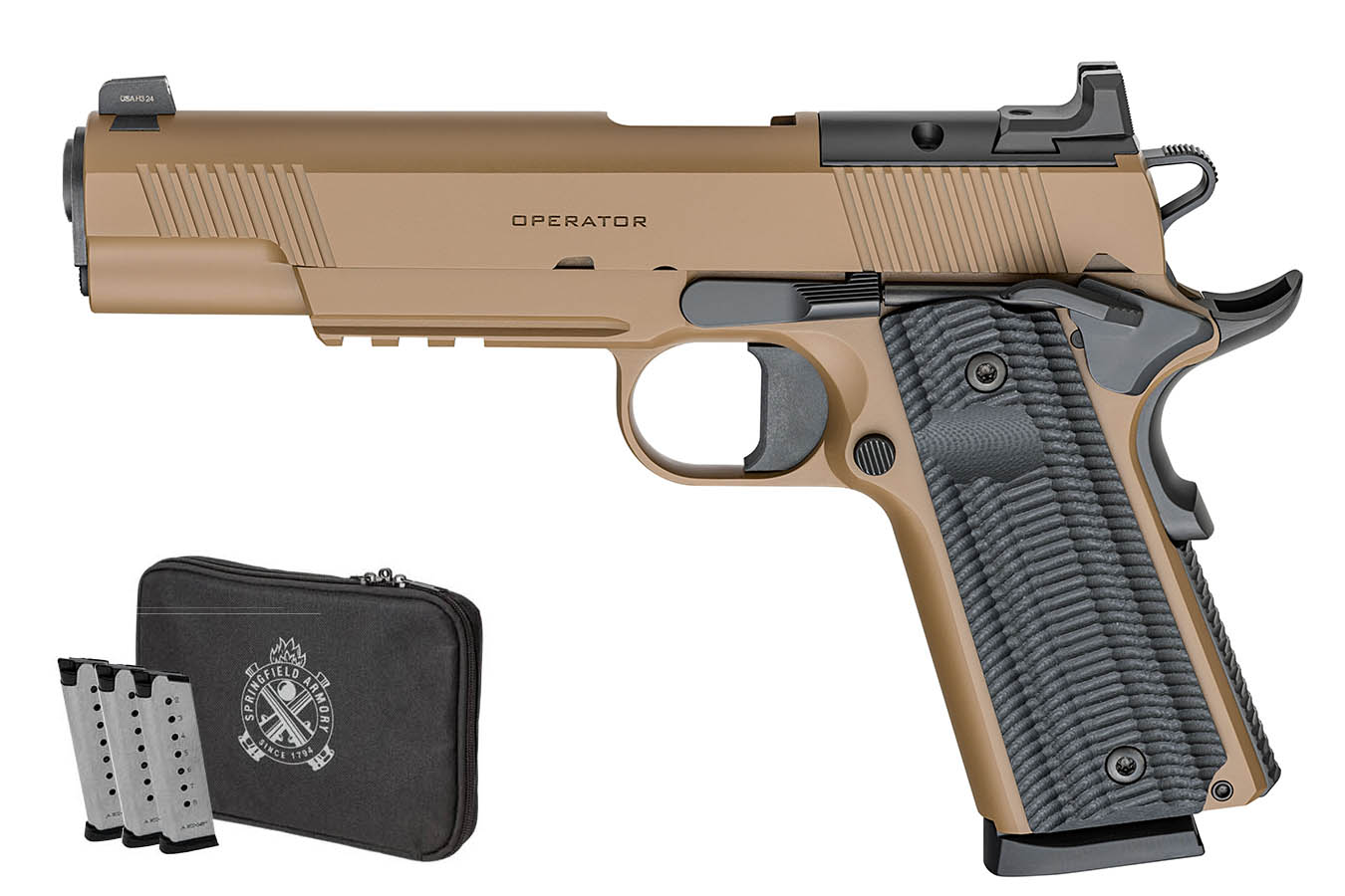 SPRINGFIELD 1911 Operator AOS 45 ACP FDE Optic Ready Gear Up Package with Four Mags and Pistol Case