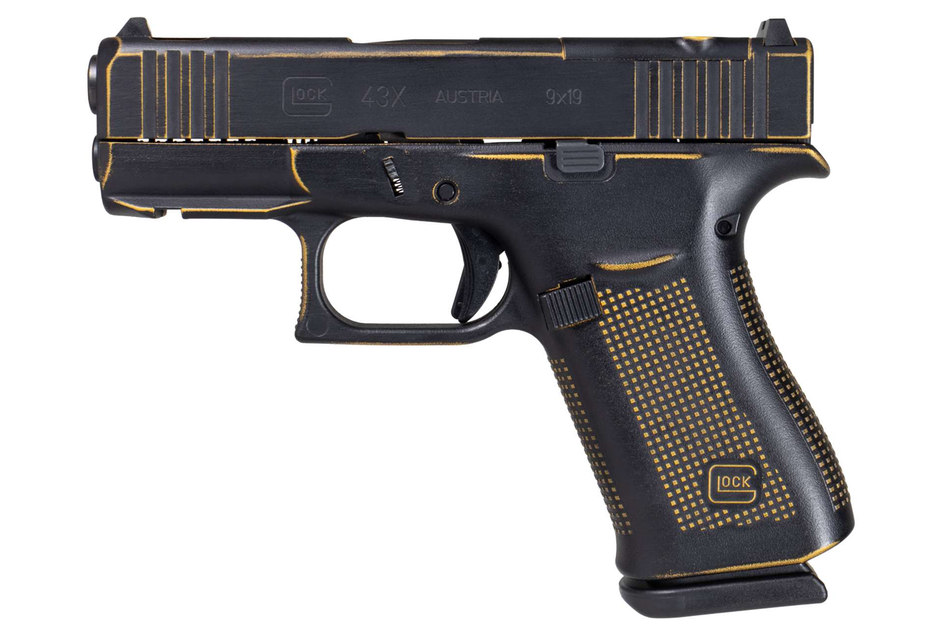 GLOCK 43X MOS 9mm Optic Ready Semi-Auto Pistol with Stinger Black/Gold Finish