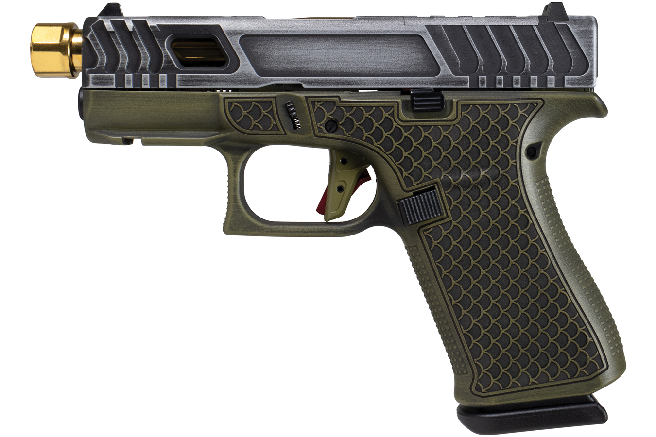 GLOCK 43X MOS 9mm Optic Ready Pistol with Green Tarpon Finish and Gold Threaded Barrel