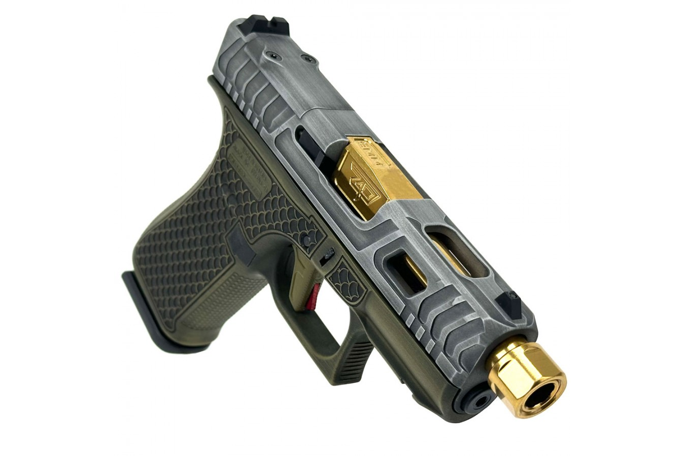 GLOCK 43X MOS 9mm Optic Ready Pistol with Green Tarpon Finish and Gold Threaded Barrel