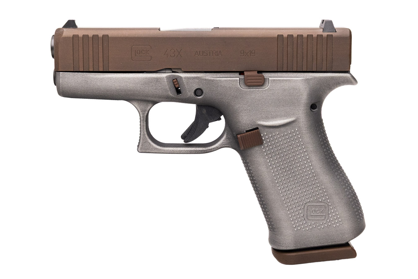 GLOCK 43x 9mm Pistol with Brown Cerakote Slide and Battleworn Silver Frame