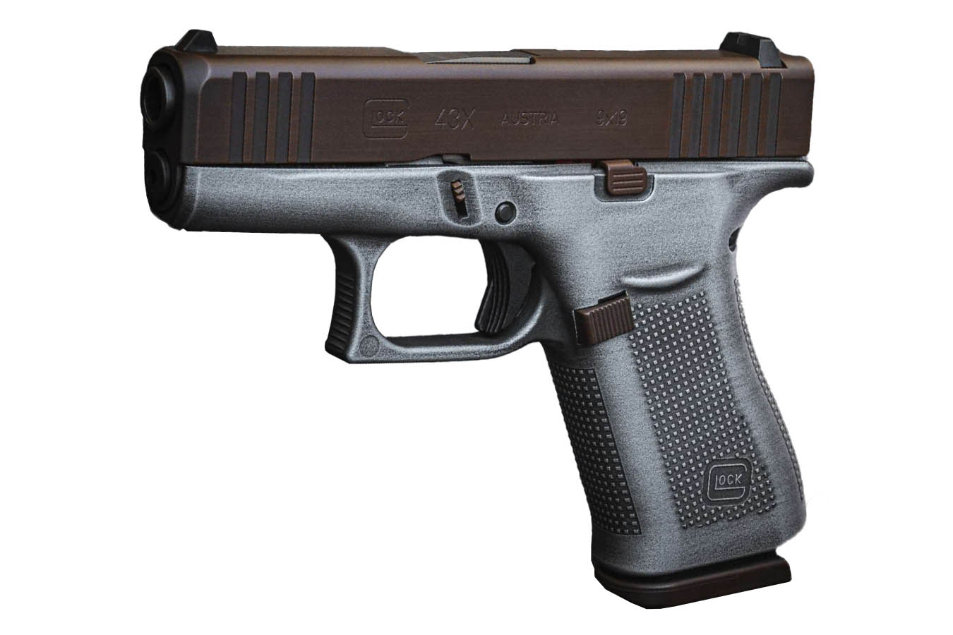 GLOCK 43x 9mm Pistol with Brown Cerakote Slide and Battleworn Silver Frame