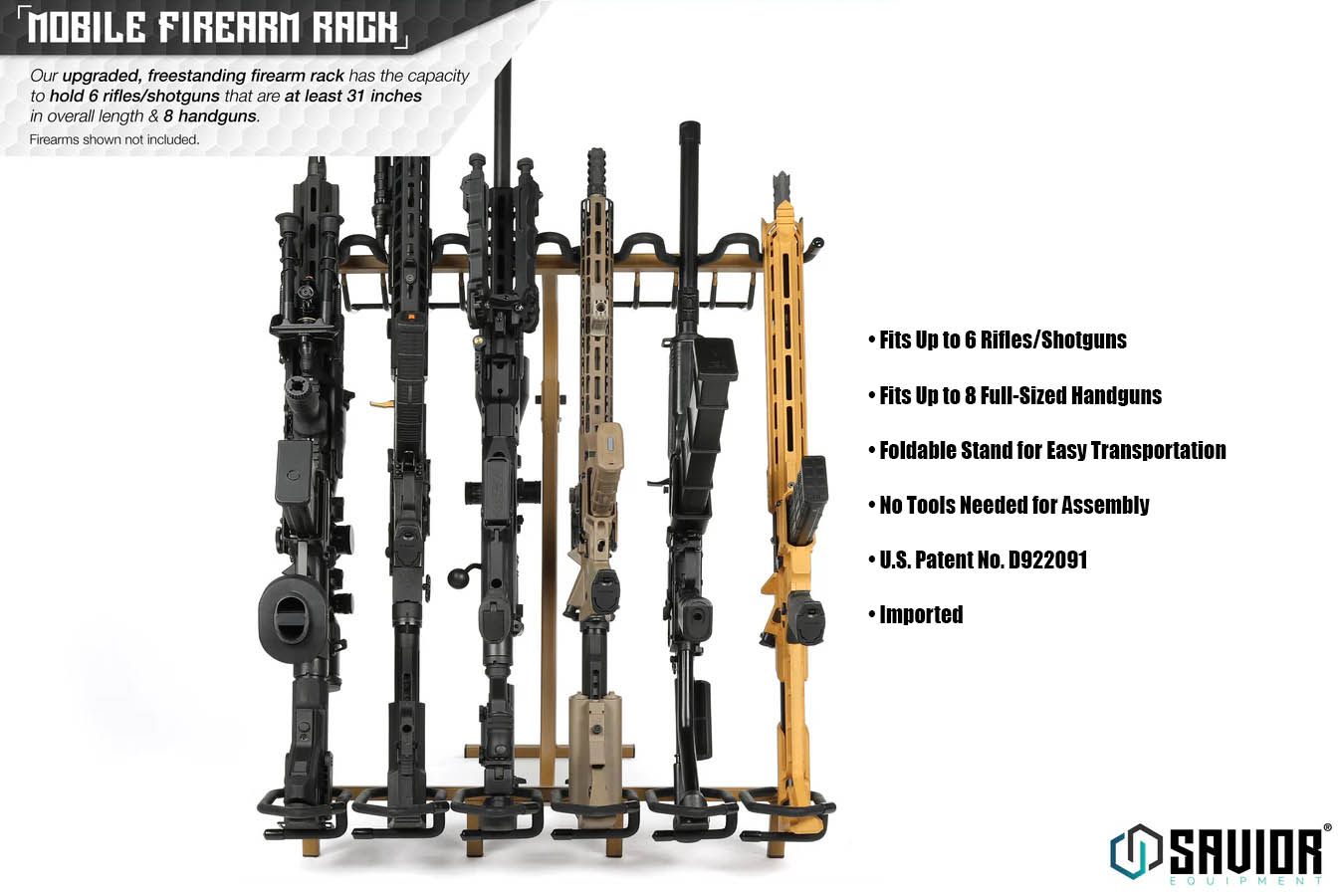 SAVIOR Mobile Firearm Rack Stand - 6 Rifles and 8 Pistols