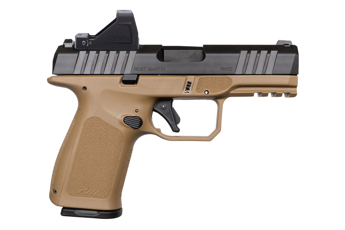 ROST MARTIN RM1C 9mm Optic Ready FDE Pistol with Viridian RFX Green Dot, Five 10 Round Mags and Savior Bag (CA Compliant)
