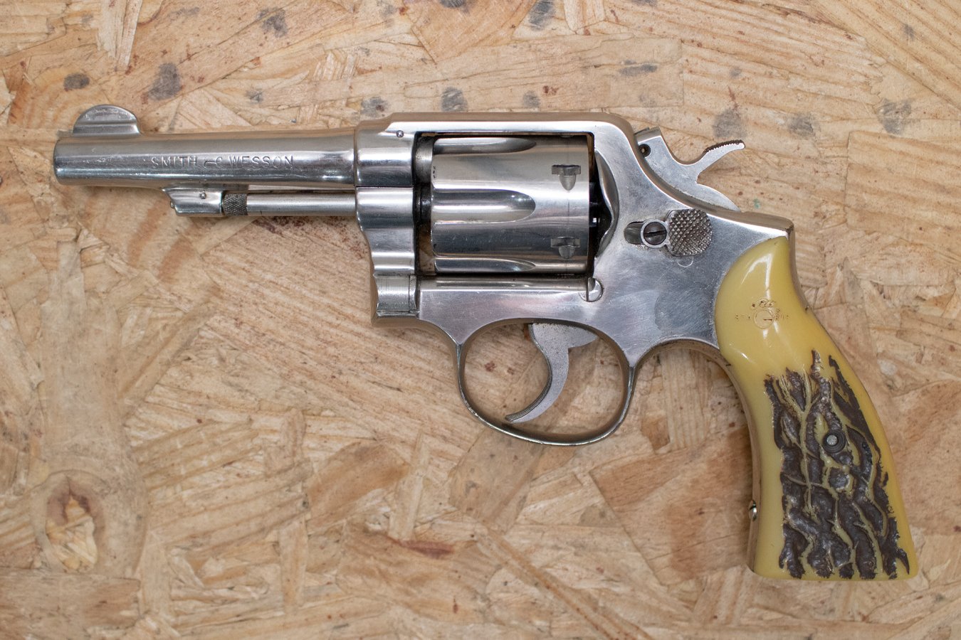 SMITH AND WESSON 38 Special Police Trade-In Revolver with Nickel Finish, Stag Grips