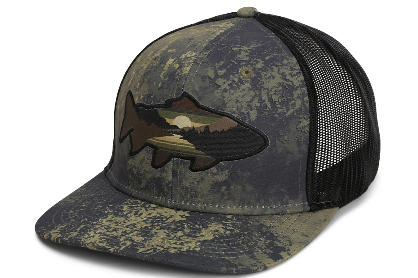 PARAMOUNT APPAREL Sunset Trout Fly Fishing Mesh Back Hat, Olive