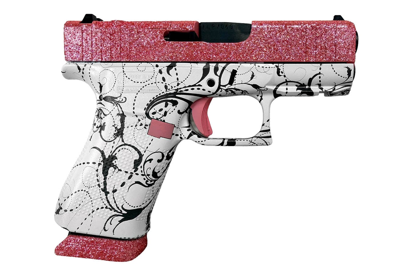GLOCK 43X MOS 9mm Optic Ready Pistol with Pink Glitter Slide and White Paisley Frame