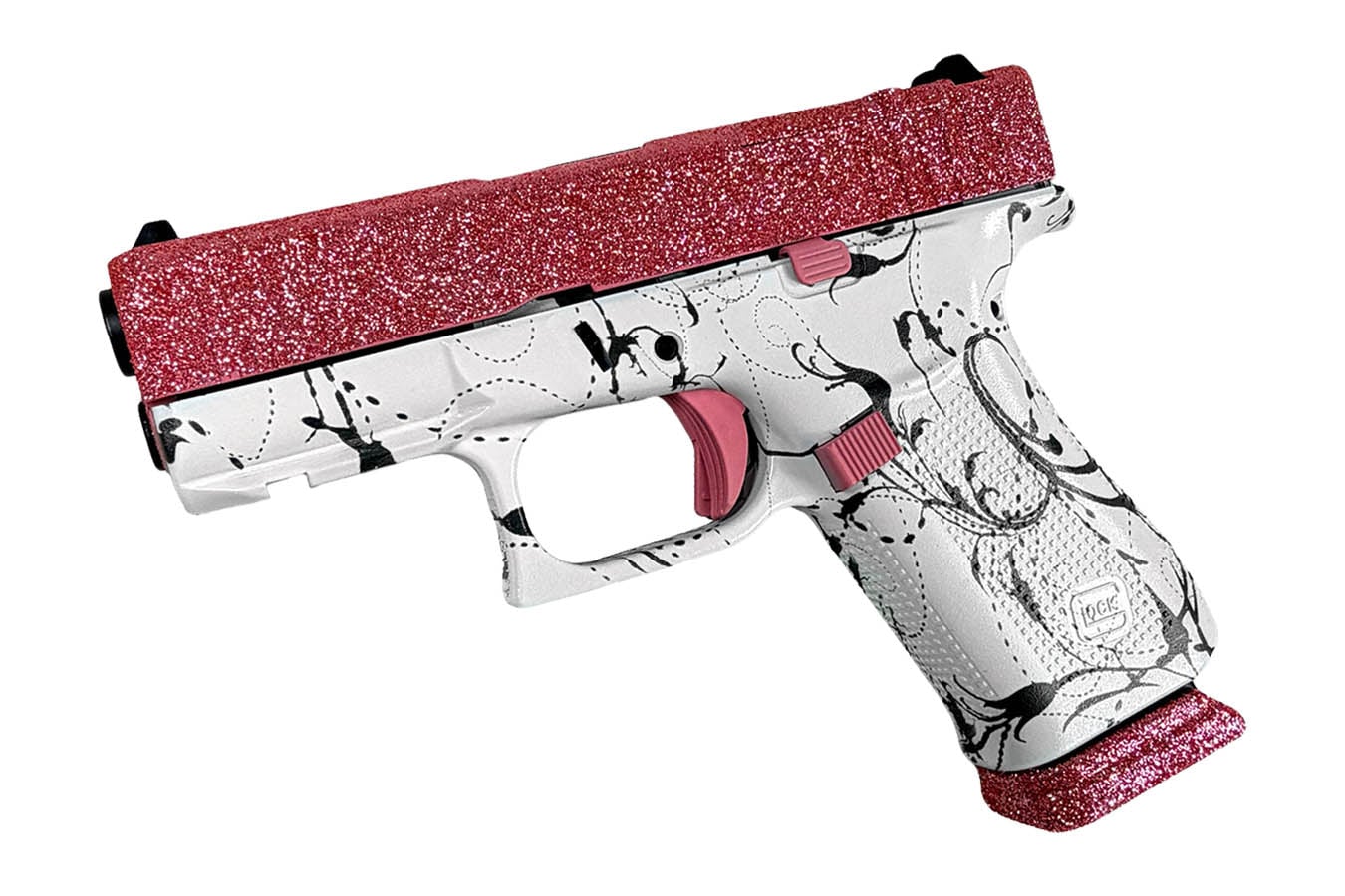 GLOCK 43X MOS 9mm Optic Ready Pistol with Pink Glitter Slide and White Paisley Frame