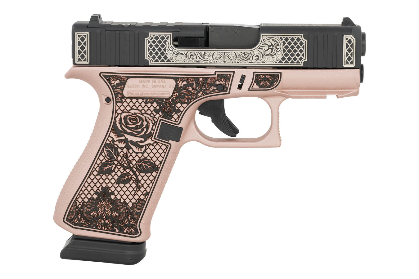GLOCK 43X MOS 9mm Optic Ready Pistol with Rose Frame and Engraved Slide