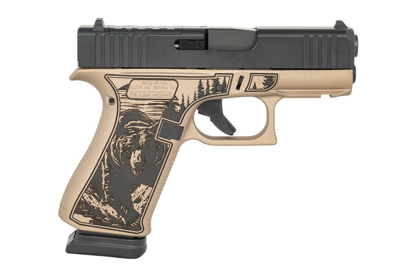 GLOCK 43x MOS 9mm Optic Ready Pistol with Engraved Bear Wilderness Scene