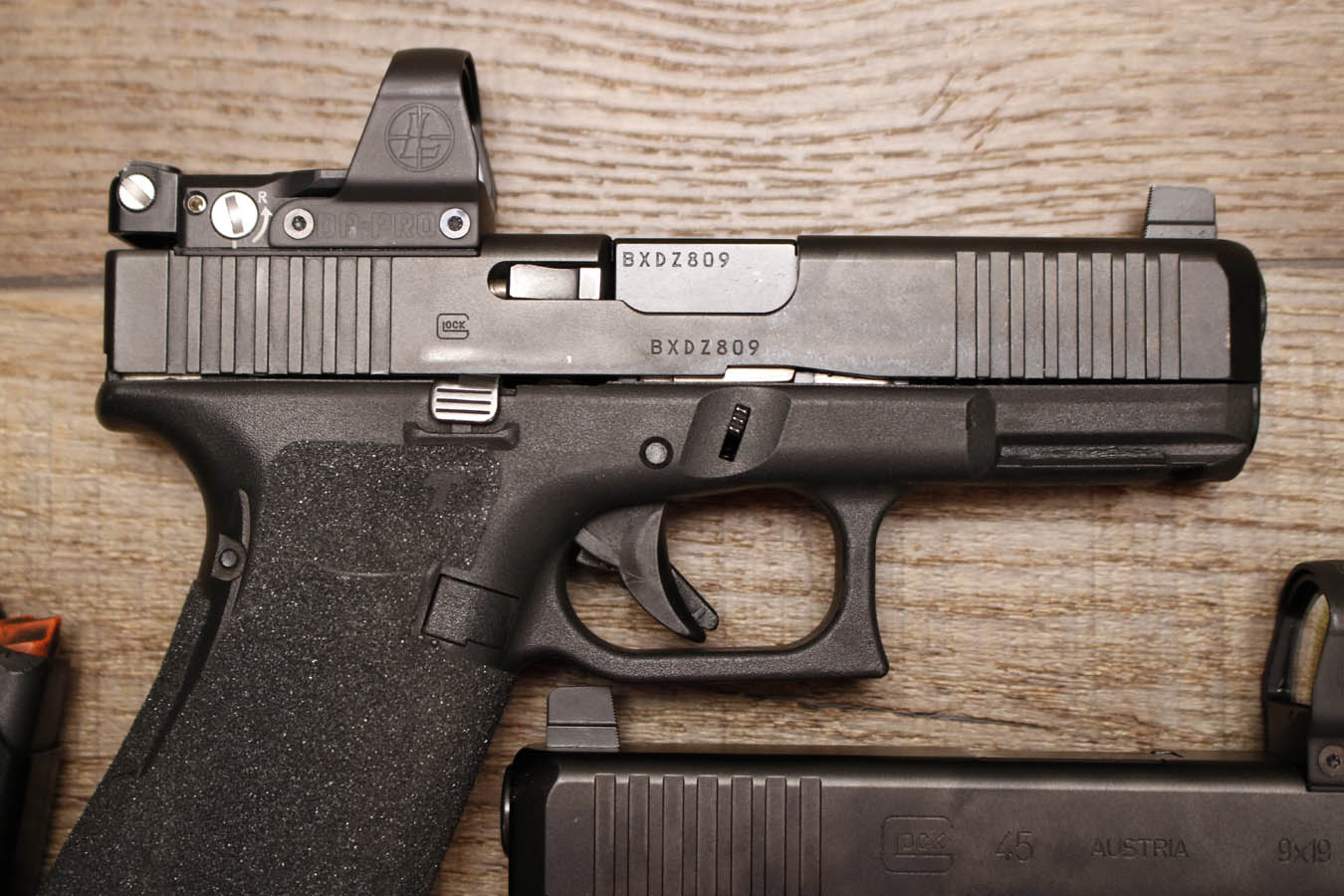 GLOCK 45 9mm Police Trade-In Pistol with Stippled Grips, Night Sights and LeupoldDelta Point Pro Red Dot (Very Good Condition)