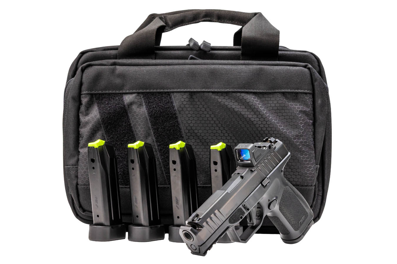ROST MARTIN RM1C 9mm Pistol Black Compensated Pistol with Viridian RFX 11 Green Dot, 5 Magazines and Savior Bag
