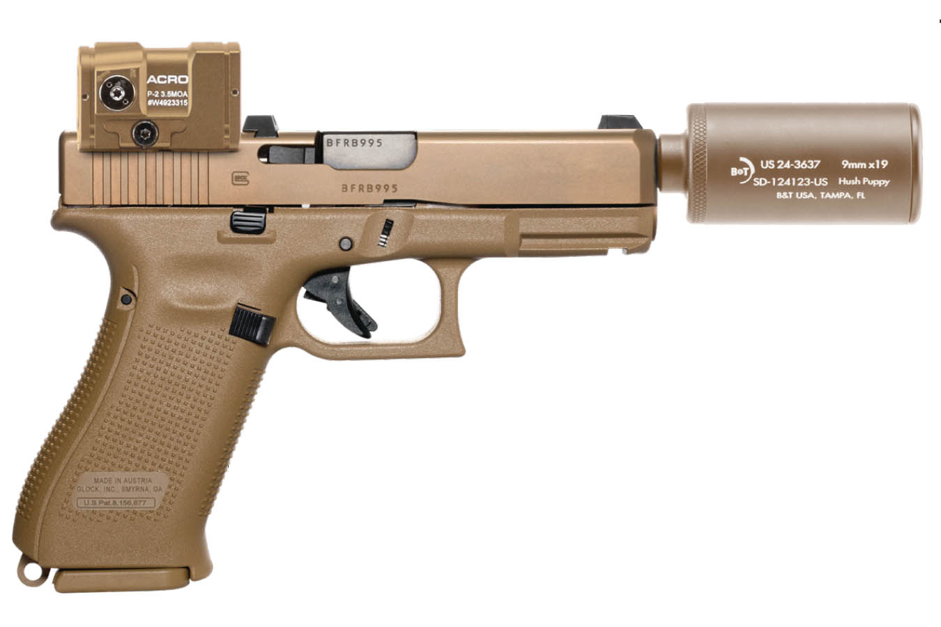 BRUGGER AND THOMET Hush Puppy Glock 19x Special Edition FDE Suppressed Pistol with Aimpoint Acro P2l