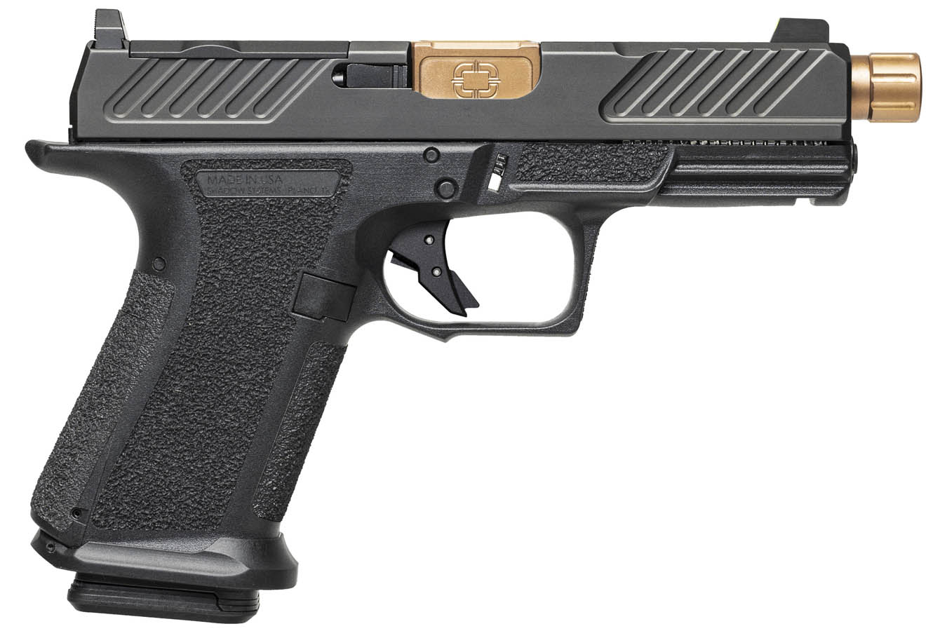 SHADOW SYSTEMS MR920 Combat 9mm Optic Ready Black Pistol with 4.5 Inch Bronze Spiral Fluted Threaded Barrel