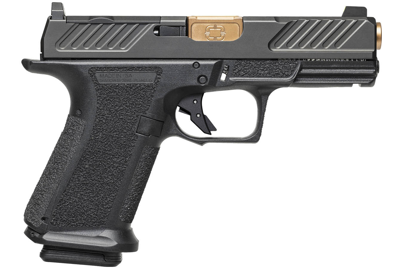 SHADOW SYSTEMS MR920 Combat 9mm Optic Ready Black Pistol with 4 Inch Bronze Spiral Fluted Barrel